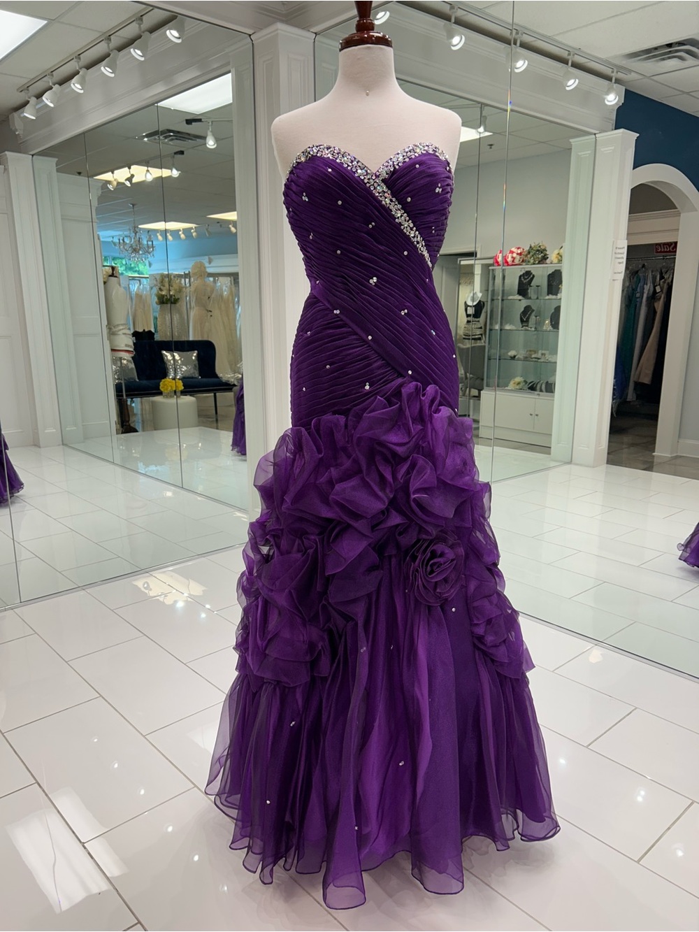 Mori Lee Grape Purple Strapless Beaded Ruffled Gown